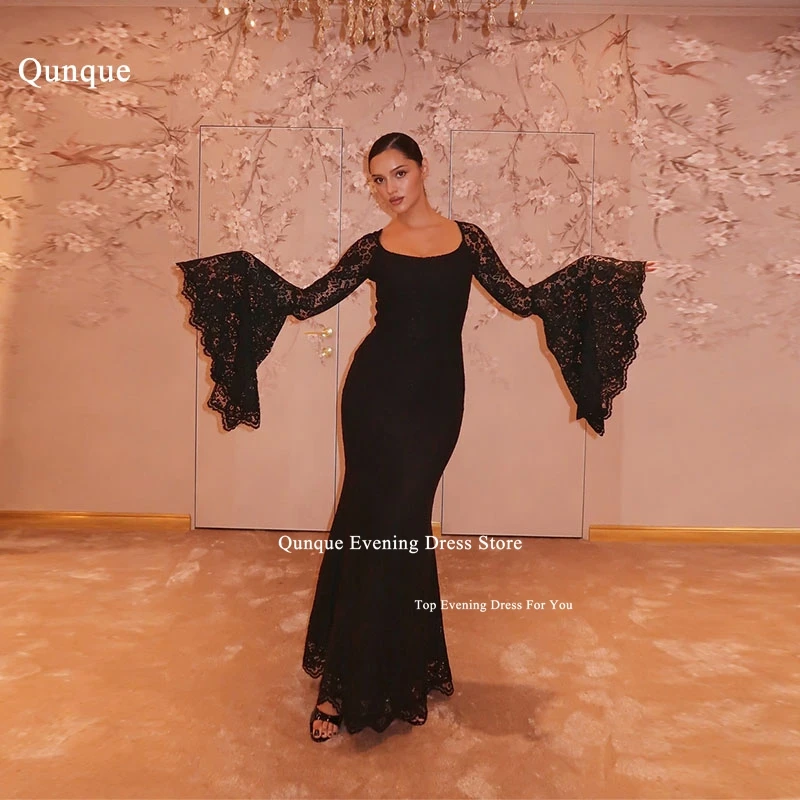 

Qunque Black Lace Sheer Beck Mermaid Evening Dress Flared Sleeves Party Gowns Prom Dresses Vestidos De Graduación Customized