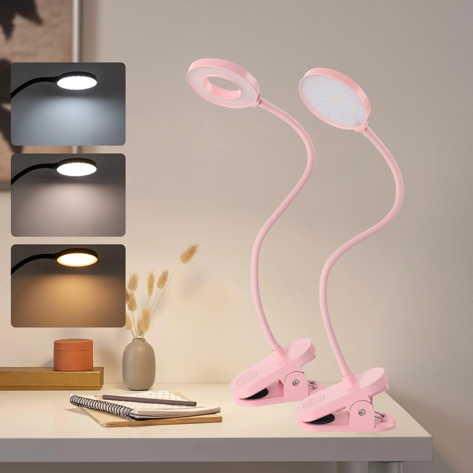 

USB charging clip desk lamp bedside reading lamp with 3 color modes and adjustable brightness - Pink