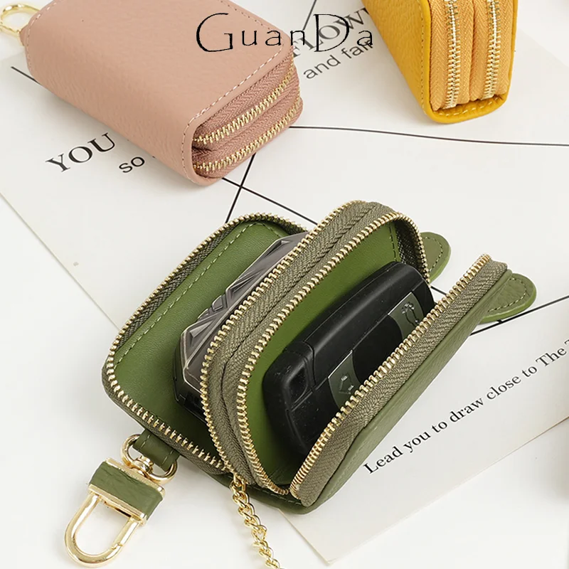 Genuine Leather Woman Man Mini Key Wallet Fashion Portable Car Business Key Ring Zipper Luxury Casual Custom Name Cowhide Purse
