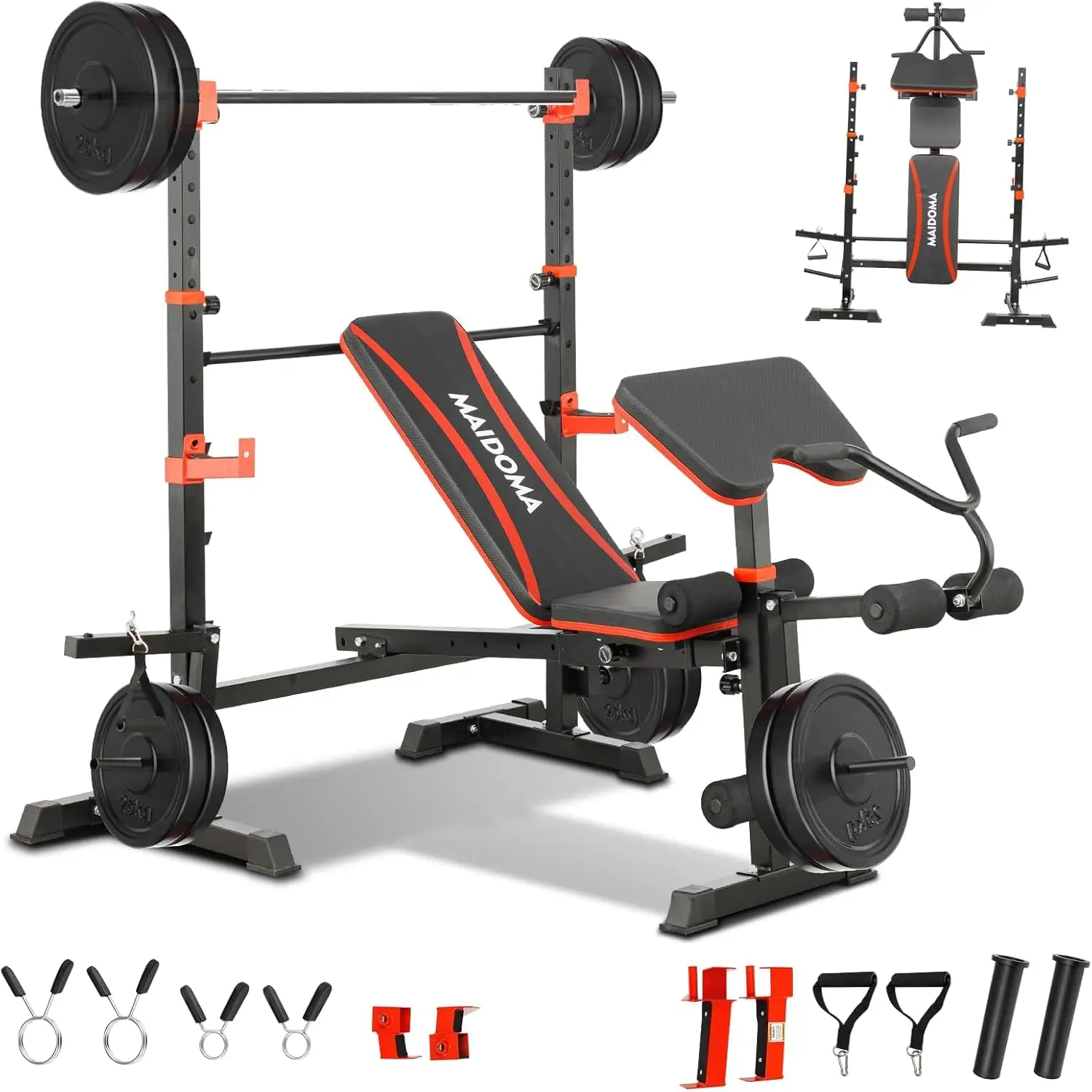 Foldable 1500LBS Capacity 8 IN 1 Weight Bench Set with Leg Extension/Squat Rack/Preacher Curl, Adjustable Bench Press
