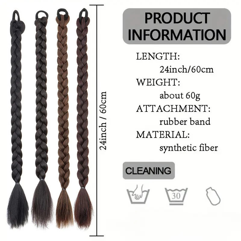 24Inch Synthetic 2pcs Long Straight Braided Ponytail Extensions Elastic Band Hair Ties for Women Everyday Wear