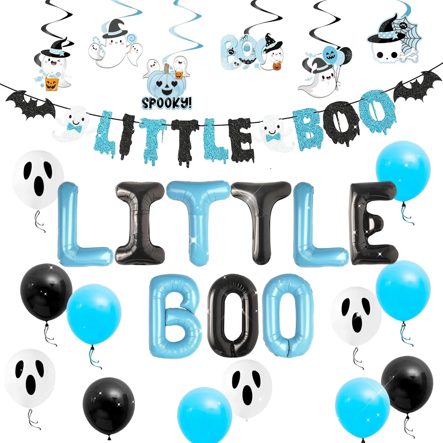 

LaVenty 19, шт., декор для вечеринки Little Boo, баннер Little Boo, воздушные шары с призраками на Хэллоуин, синий, черный, украшение для детского душа на Хэллоуин