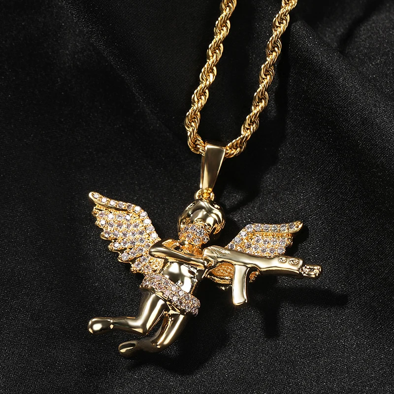 Hip Hop 5A+ CZ Stone Paved Bling Ice Out Battle Gun Angel Pendants Necklaces for Men Rapper Jewelry Gold Silver Color