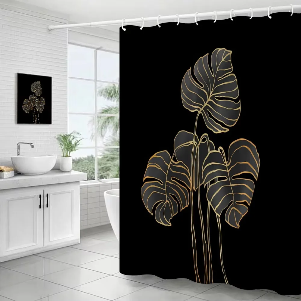 Tropical Leaves Shower Curtains Black Gold Leaves Green Leaf Botanical Jungle Palm Monstera Bathroom Curtains Bath Fabric Decor