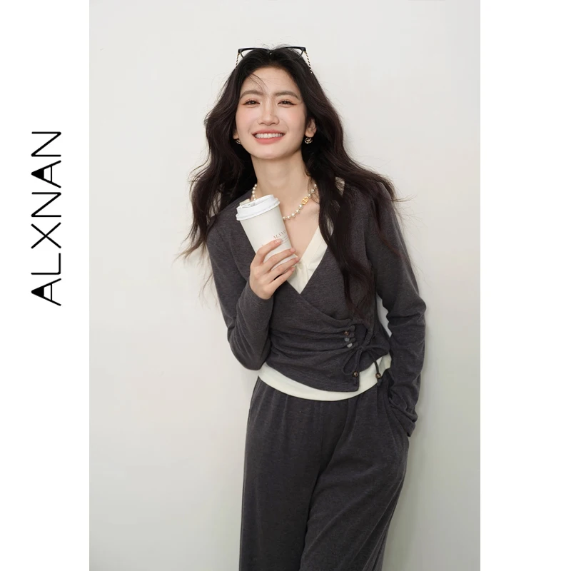 

ALXNAN женская футболка со складками на талии, состоящая из двух частей, футболки с v-образным вырезом и длинными рукавами, осень 2025, облегающий элегантный пуловер, женский L569112