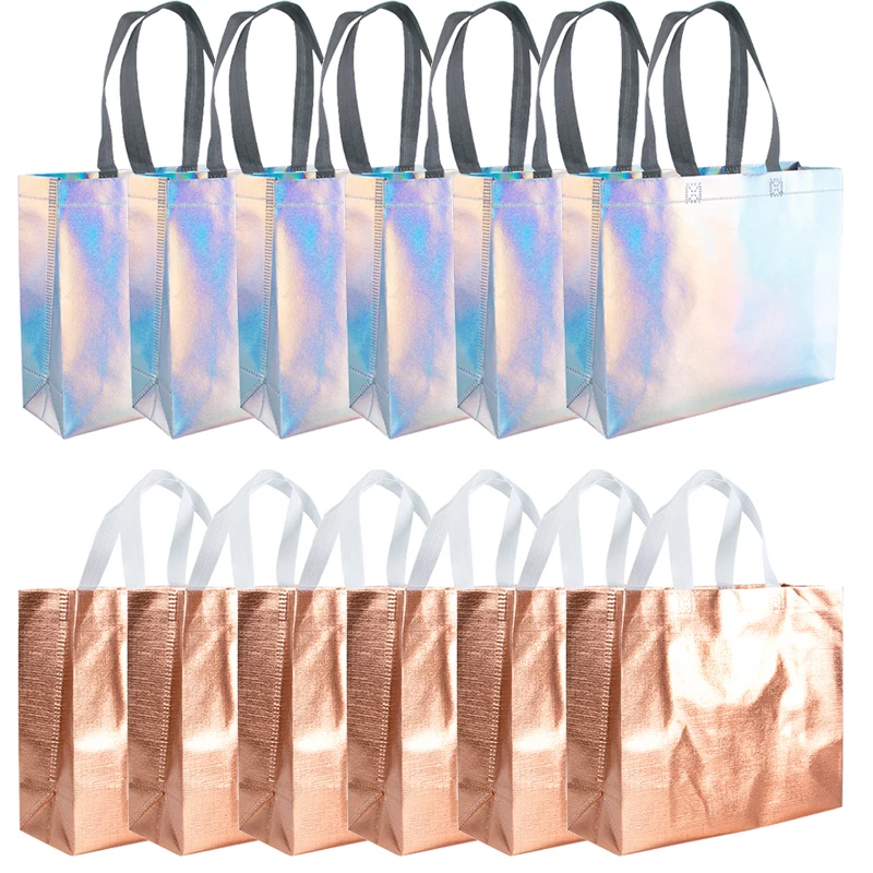 6pcs Rose Gold Silver Tote Bags Reusable Gift Bag Waterproof Non Woven Shopping Bag Grocery Bag Birthday Wedding Gift Bag