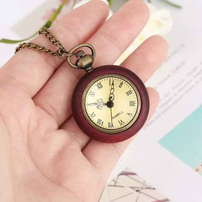 Classical Red Wood Case Pocket Watch Wooden Roman Number Quartz Watches for Men Women Sweater Necklace Chain Small Clock Reloj