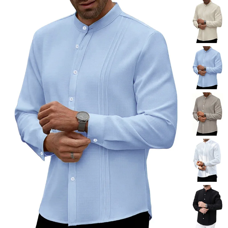 

Spring Striped Long Sleeve Cardigan for Men, Solid Stand Collar Open Shirt American Loose Casual Daily Outdoor Outerwear