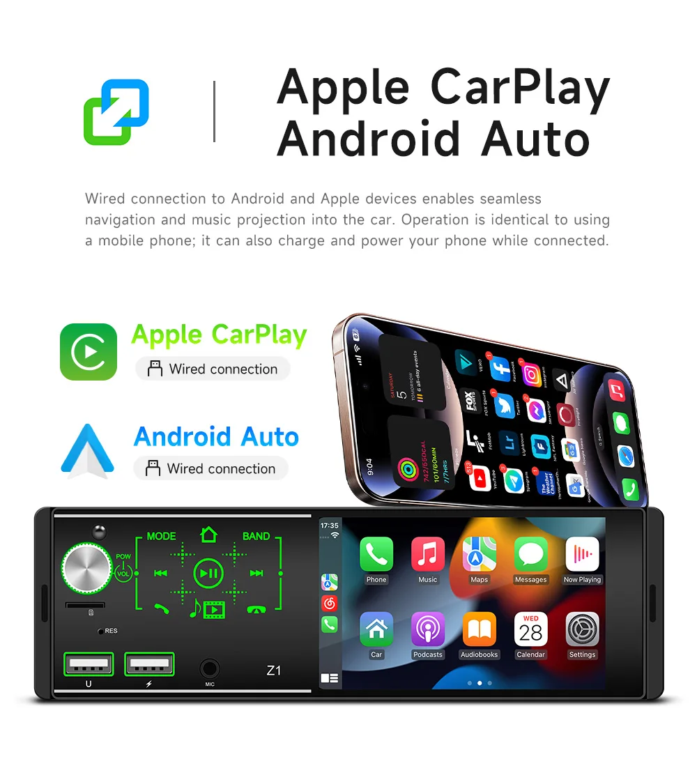 BQCC 1Din Universal Car Radio FM Bluetooth 5.1 7-Color LED Lights Voice Assistant Wiring Protection Audio Stereo Player