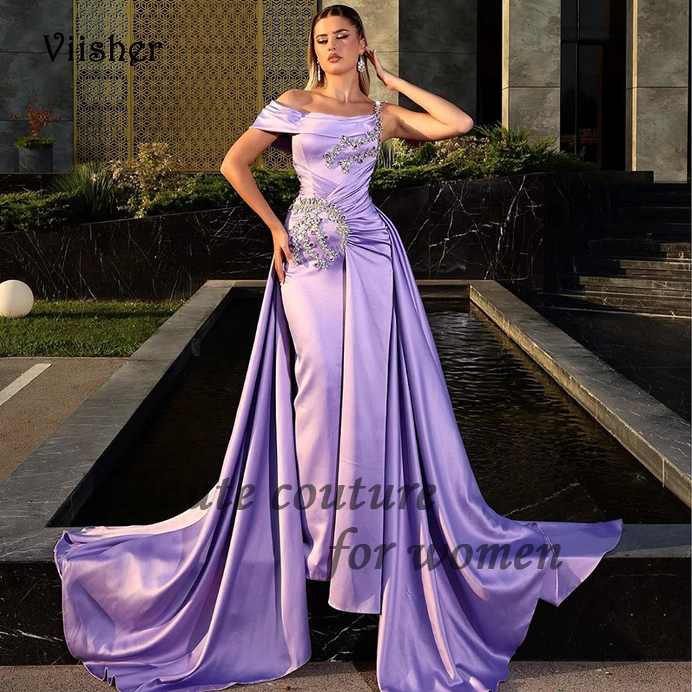 

Lilac Satin Mermaid Evening Prom Dresses Off Shoulder Beaded Luxury Pageant Party Dress with Train Formal Occasion Gowns 2024