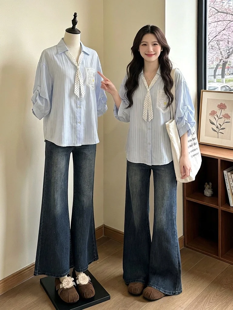 

Light Blue Striped Polka Dot Silk Scarf V-Neck Shoulder Shirt Women's plus Size Summer New Style Age-Defying Top Korean Style