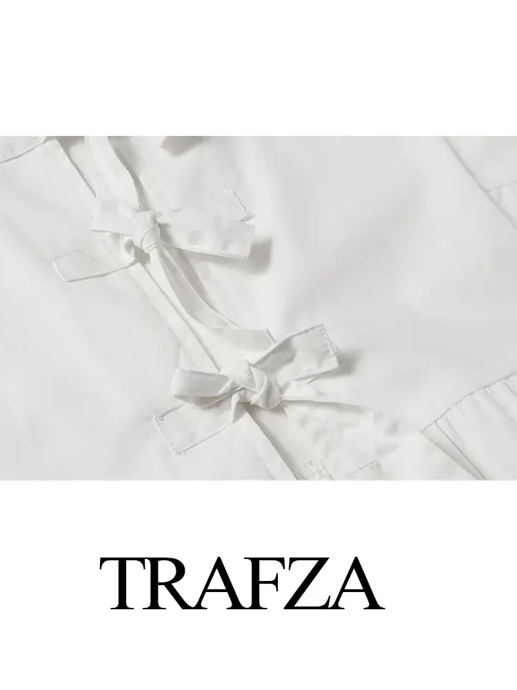 TRAFZA 2024 Summer Women\'s Chic Bow Tie Decorated Shirt Retro Fashion Round Neck Elegant Women\'s Street Short Sleeve Shirt Y2K