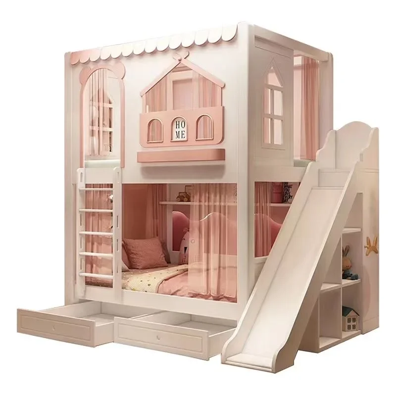 Children's Bedroom Furniture, Pink Girls' Bed Multifunctional Bunk Bed with Slide