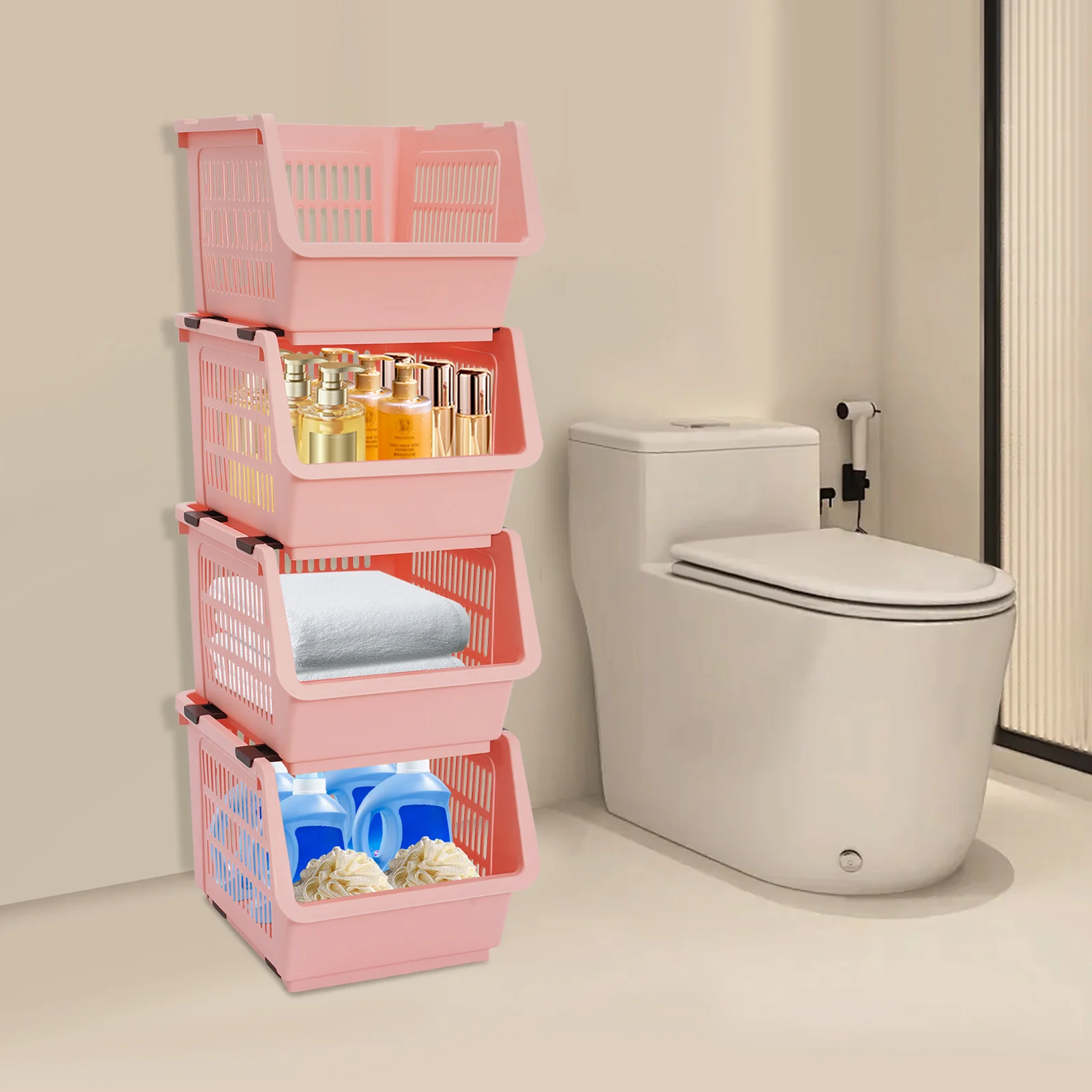 4 عبوات من سلال تخزين كبيرة قابلة للتكديس، صناديق تنظيم PP مستطيلة باللون الوردي، أرفف خزانة منزلية متعددة الأغراض، سعة 55 رطلاً #4