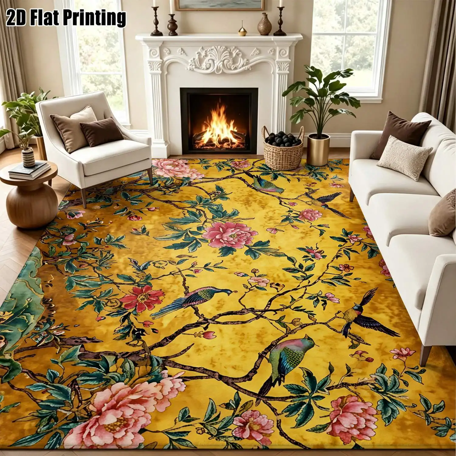 1Pc 2D Printed Carpet: Gold Base, Pink Floral, Retro European Home Decor Rug Multi-Size, Machine Washable, Suitable for Entryway, Dining Room, Foyer, Living Room, Bedroom.