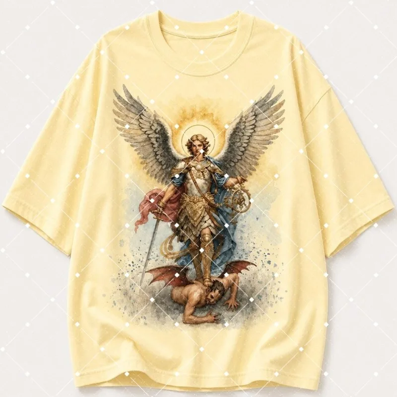 Archangel Michael Defeats Demon Watercolor Graphic T-Shirt Religious Vintage Art Tee