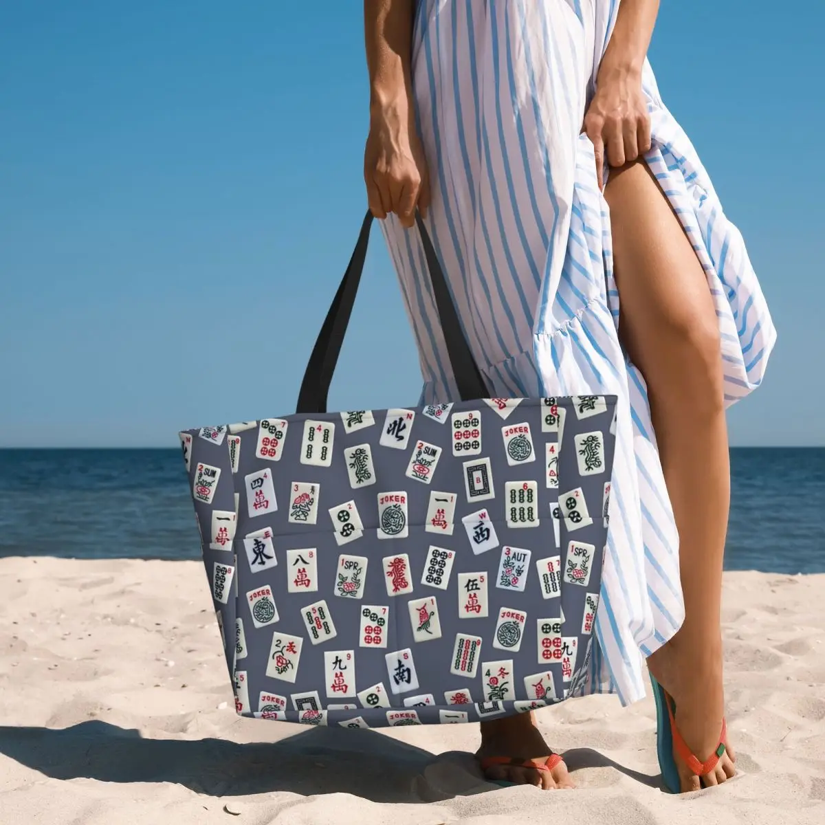 

Mahjongg Game Tiles Design On Blue Color Beach Tote Bag Sport Gym Yoga Duffle Large Tote Bag Women Travel Bag Fitness bag