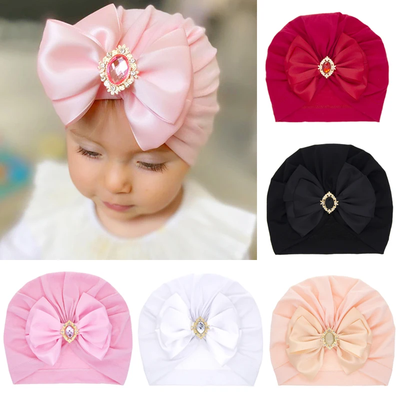 

Big Bow Baby Girl Hat Rhinestone Princess Newborn Turban Hat for GirIs Infant Bonnet Baby Beanie Hat Toddler Cap 0-18M