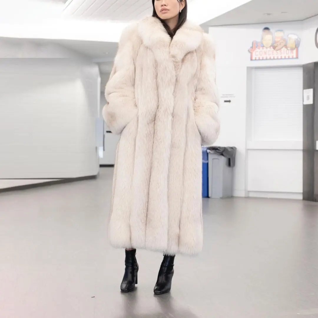 125CM New Luxury Real Natural Fox Fur Long Coat Women Winter Warm Genuine Fur Thick Overcoat