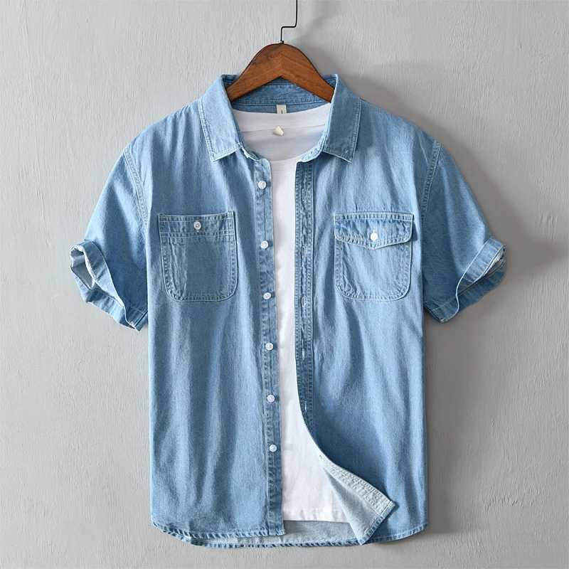 

High Quality 2023 Summer Fashion Day Wash Short Sleeve Shirt Casual Solid Color All-in-one Men's Cotton Denim Five-sleeve Shirt