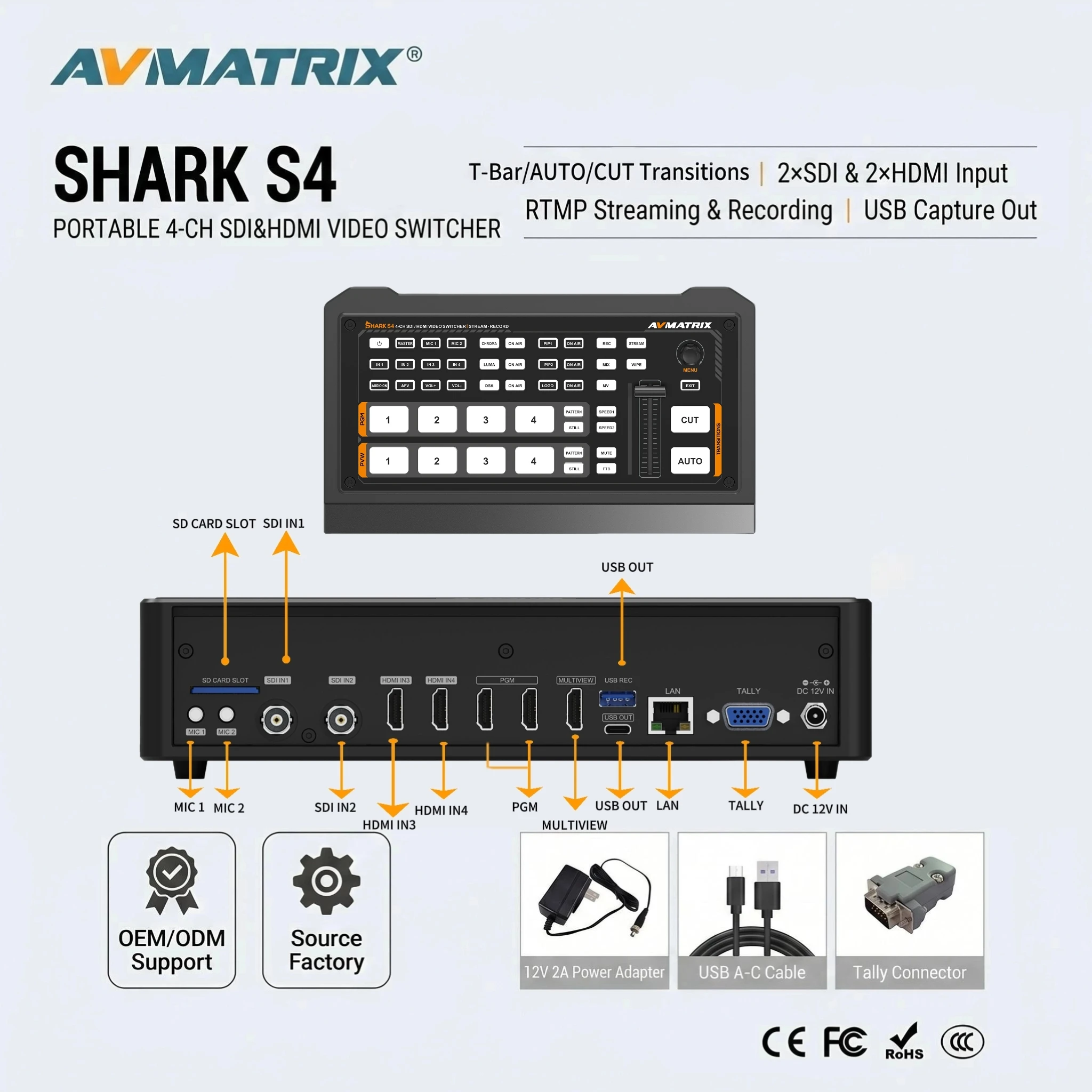 

AVMATRIX Shark S4: 4 Channel SDI/ HDMI Video Switcher with RTMP/SRT Streaming, SD Card/USB Recording Capture for Live Broadcast