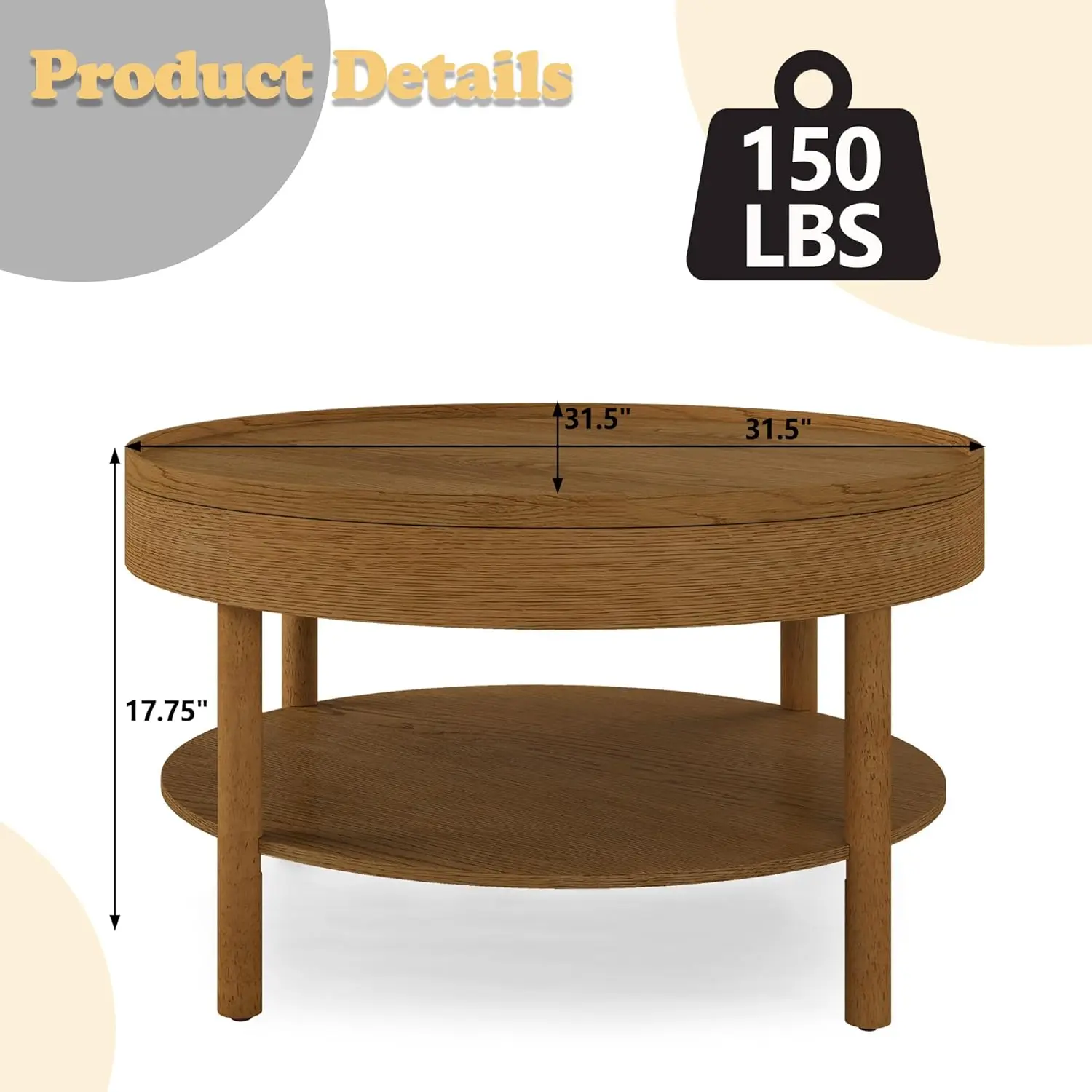 Modern Living Room Table with 3-Layer 31.5 Inch Storage Rotating Tabletop, 3-Layer Tea Table Made Entirely of Rubber Wood