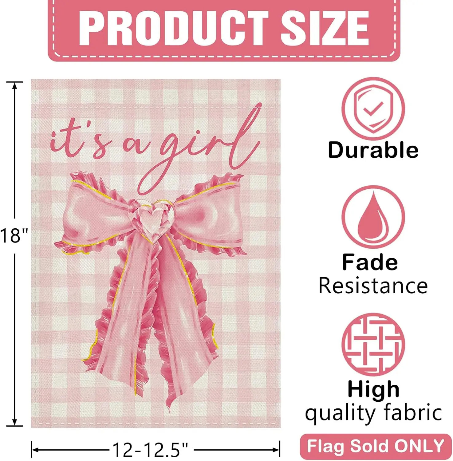 It's A Girl Pink Bow Decorative Garden Flag Coquette New Birth Gender Reveal Plaid Gift for New Dad Mom Baby Shower 12x18