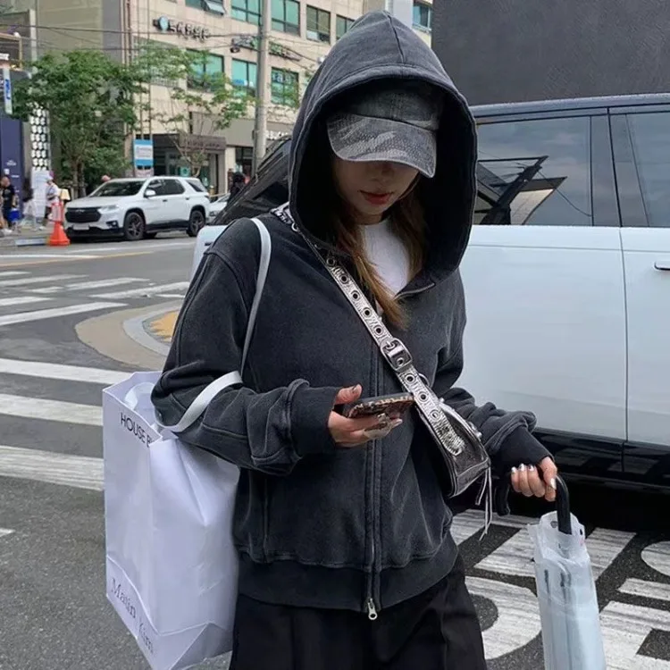 Fashion Vintage Hoodie Sweatshirts Jackets Y2k E-Girl Long Sleeve Zipper Tops Women 2024 New Loose Coats Mujer
