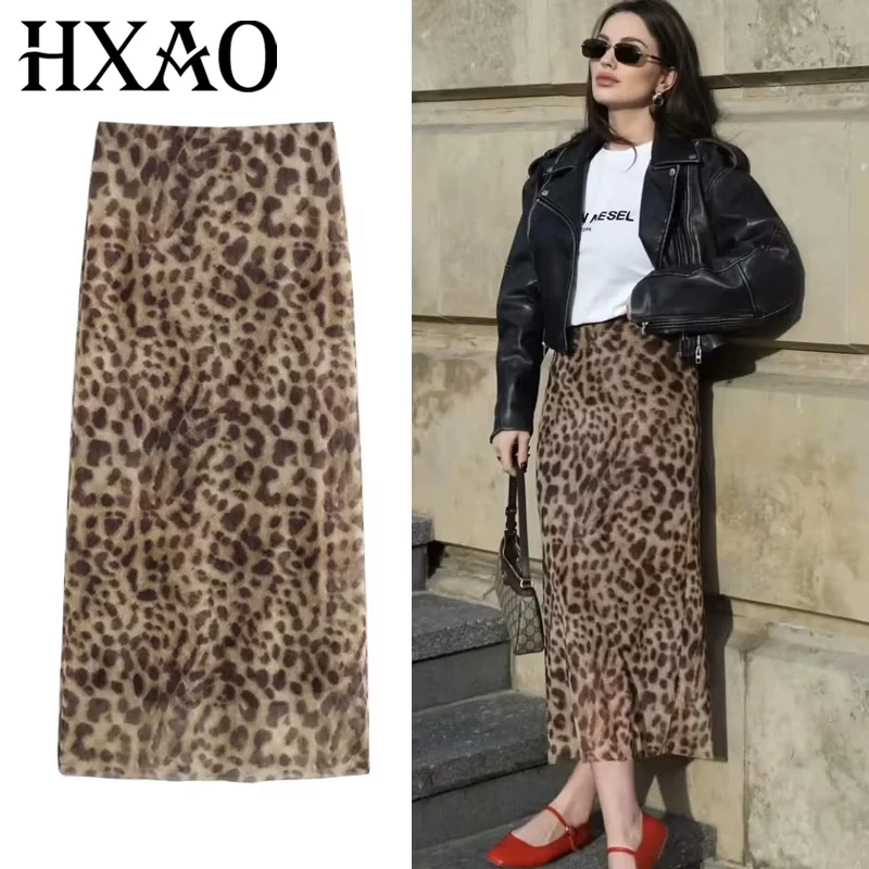 HXAO Leopard Skirts For Women Vintage High Waist Women's Tulle Skirt Fall Stylish Long Skirts Elegant Animal Print Skirt Woman