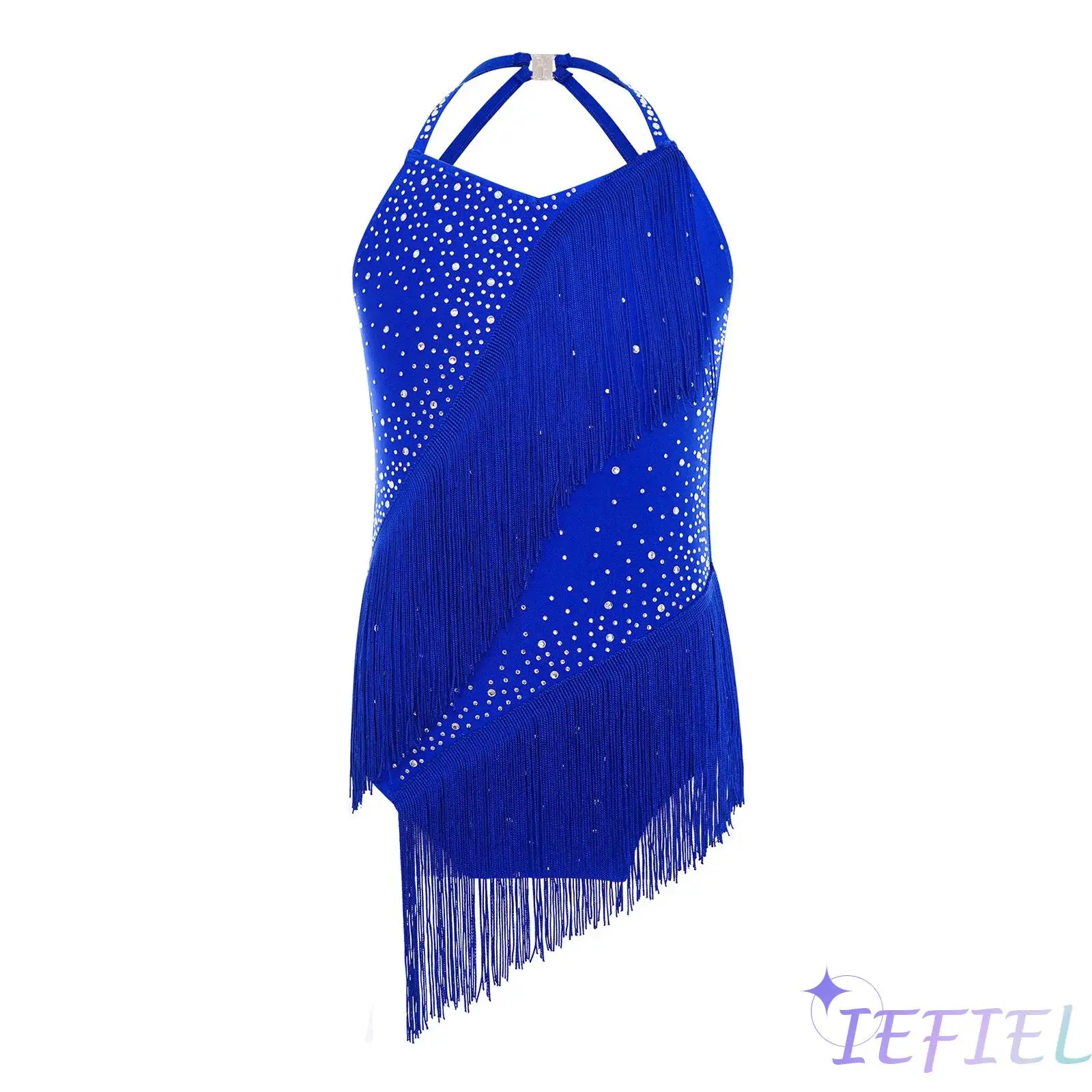 

Kids Girls Latin Dance Costume Sleeveless Halter V-Neck Backless Shiny Rhinestones Latin Leotard for Figure Skating Performance