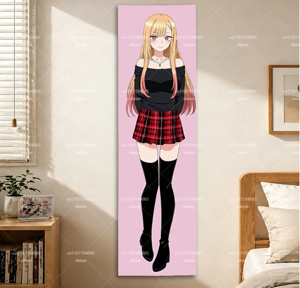 Marin Kitagawa Tapestry, Black Top & Plaid Skirt, Pink Background, Otaku Room Decor