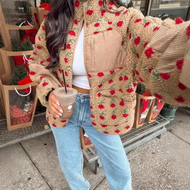 

New Autumn Winter Streetwear Women Fashion Jacquard Floral Fleece Jacket Versatile Stand Collar Zippers Warm Warm Women's Jacket