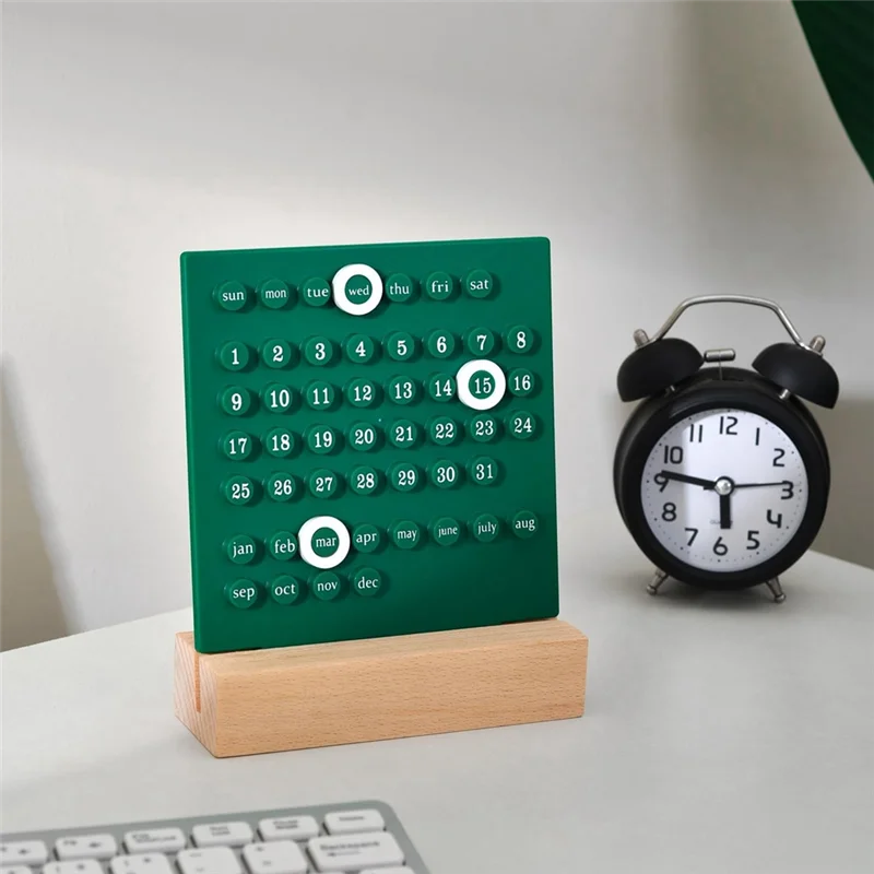 Gfc-Wooden Desk Calendar Perpetual Calendar Retro Home Unique Gifts,Month Date Display, Desk Decorations for Office, Green