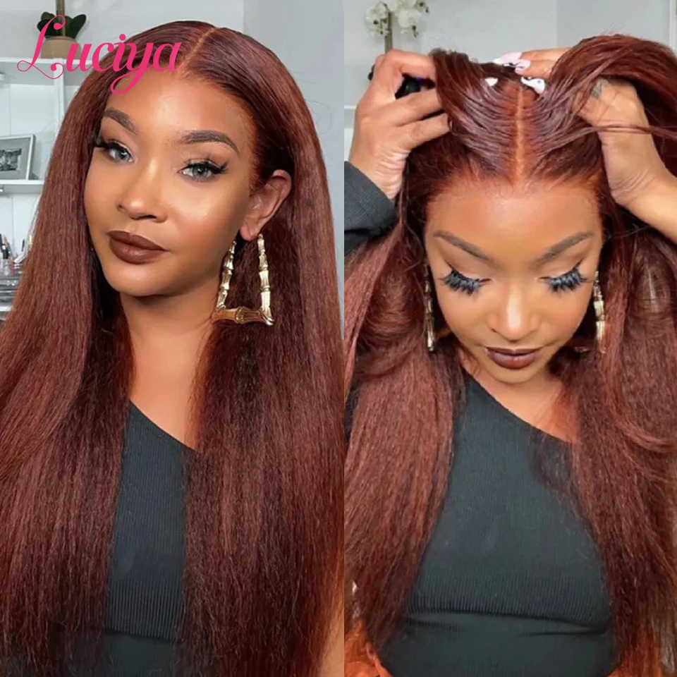 

Reddish Brown Kinky Straight Lace Front Wig Human Hair HD Lace Front Human Hair Wig Pre Plucked Yaki Copper Red Lace Frontal Wig