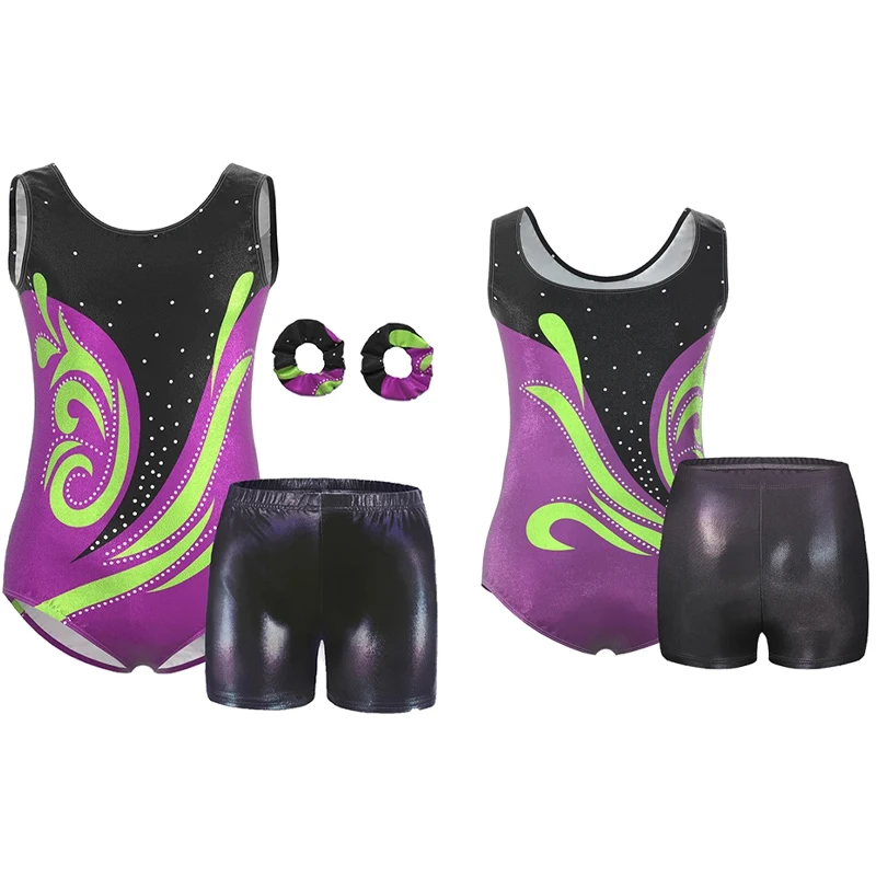 ملابس الجمباز بدون أكمام للفتيات من قطعة واحدة مطبوعة بالزهور اللامعة مع شورت هيربان