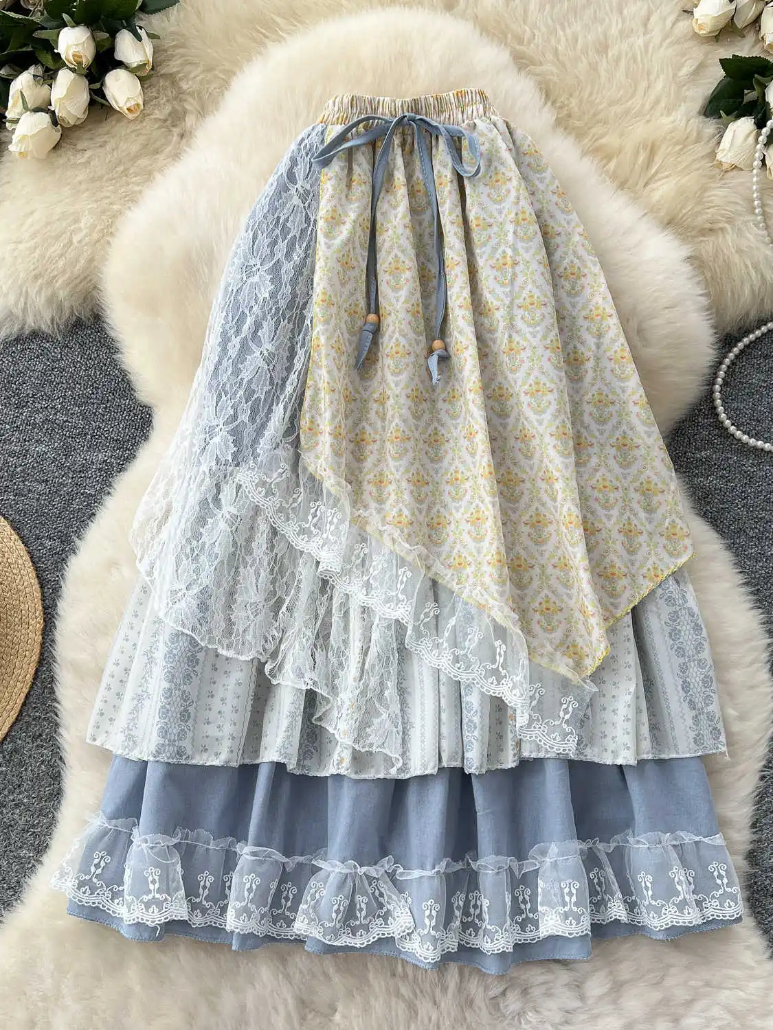 

Women's Y2k Flower Print A-line Mori Girl Skirt Elegant Harajuku Patchwork Lace Long Skirts Vintage Skirt 2000s Clothes Summer