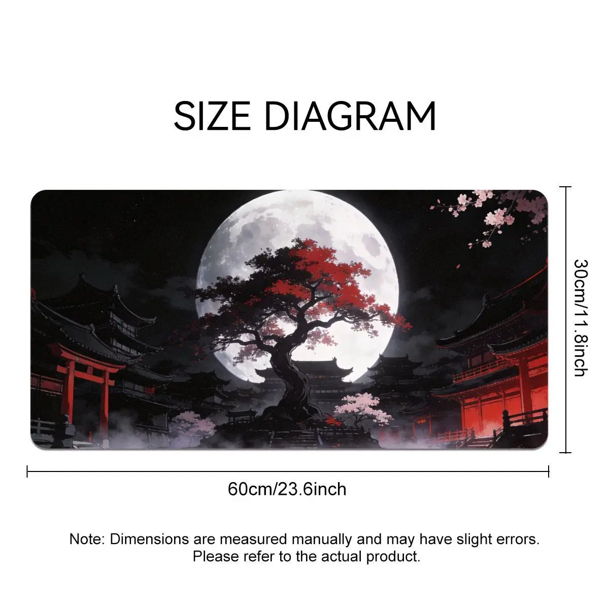 2 Styles Oriental Night View Mouse Pad, Red Building & Big Full Moon,Non-Slip Rubber Bottom Lock Edge,Japanese Art Desktop Decor