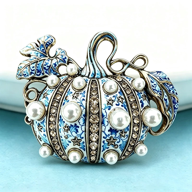 Wuli&baby Vintage Perlen-Kürbis-Broschen für Frauen Unisex 2-farbige Strass-Pflanzen Halloween-Party-Broschen Geschenke – Detail 5