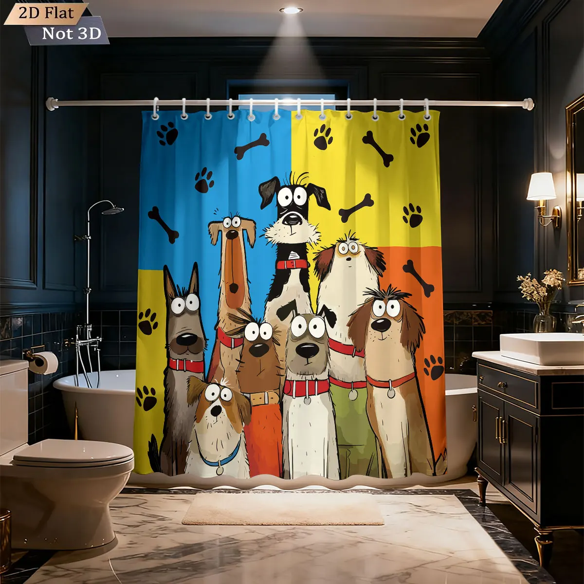 1pc Cute Cartoon Color Puppy Print Waterproof Shower Privacy Partition Shower Curtain 12 Hooks