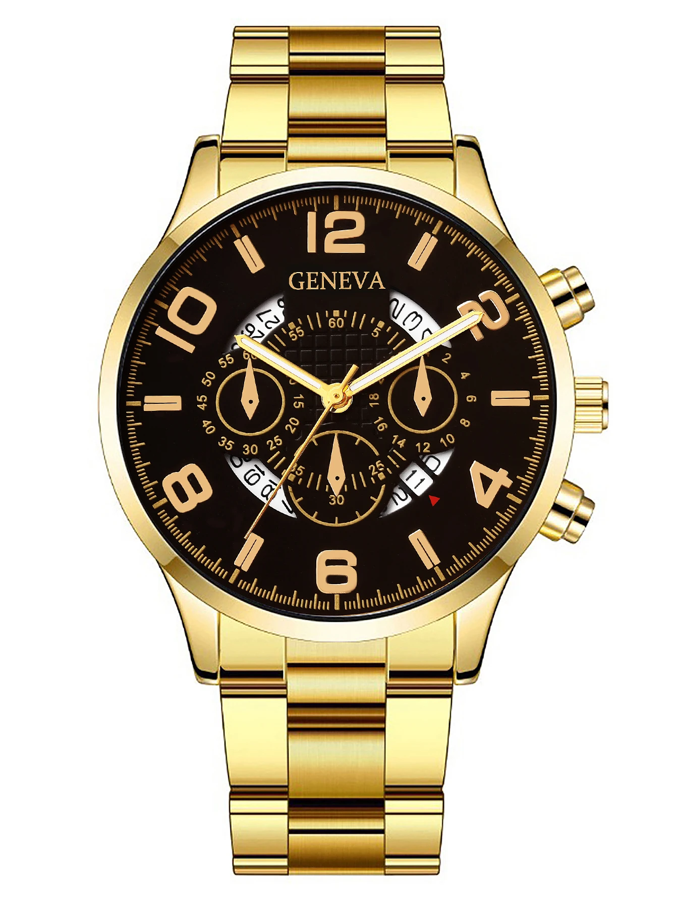 ゴールデン三つ目ピエロデザインメンズカレンダービジネスクォーツ時計とネックレス、リング、ブレスレットセット - 誕生日プレゼント