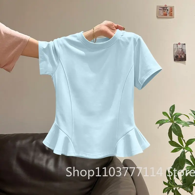Sommerliches Damen-T-Shirt mit kurzen Ärmeln, einfarbig, lässige Kleidung, koreanische Version, schmal geschnitten, modisches Rundhals-Oberteil mit Rüschen – Detail 9