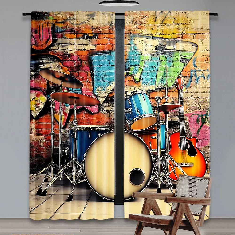 2Pcs Rock Music Style Background Curtain Home Decor Room Decor For Living Room Bedroom And Many Other Occasions