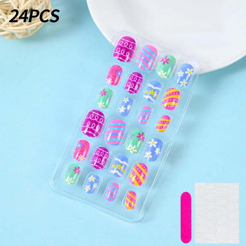 

24 pcs Girls Cute Cartoon Nail Patch Tips Detachable False Nails Press On Nails Kids Wearable Fake Nails Children Nail Art Decor