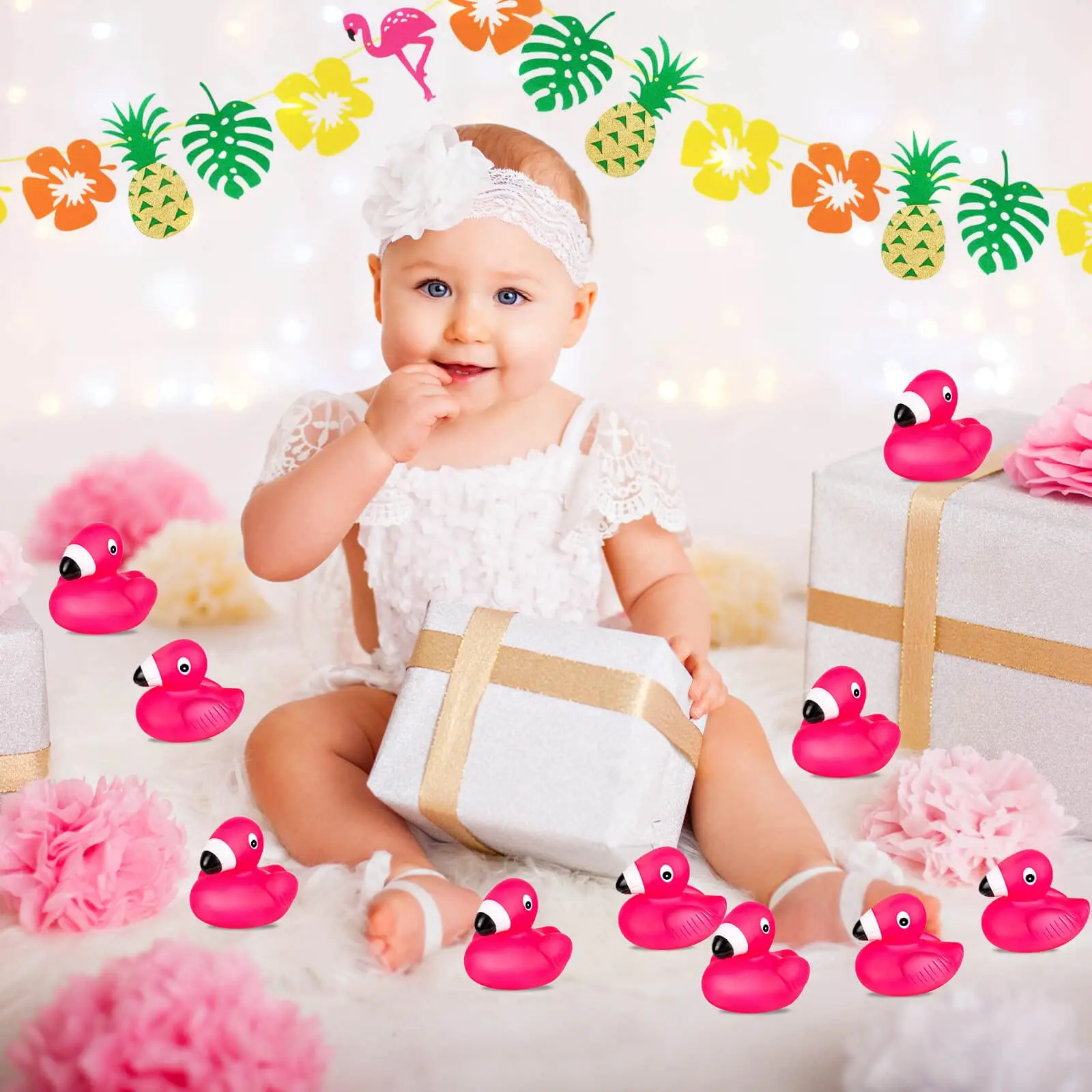 Anatre di gomma fenicottero per bambini, giocattoli da bagno con anatra fenicottero rosa Simpatici mini anatre di gomma galleggianti striduli per baby shower, decorazioni per torte