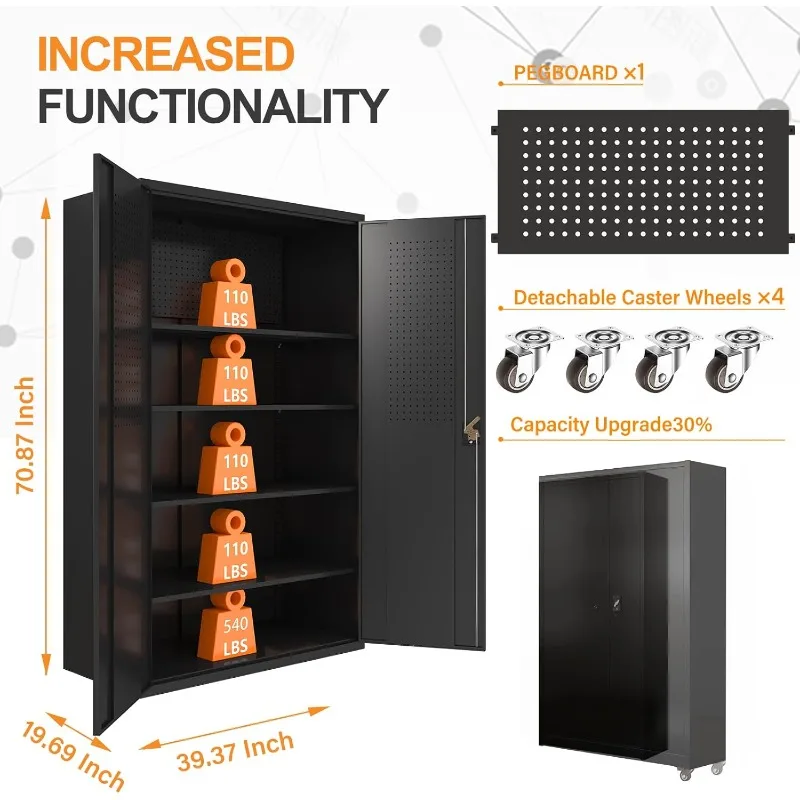 Upgraded Wide Metal Storage Cabinet - 72 Inch Black Lockable Garage Cabinet with Wheels & 4 Adjustable Shelves