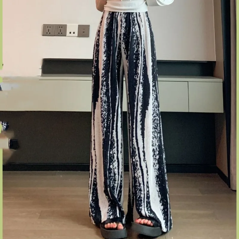 

Women's 2024 Summer Thin Simple Commuter Elastic High Waist Loose Tie Dye Striped Ruched Wide Leg Ice Silk Straight Casual Pants