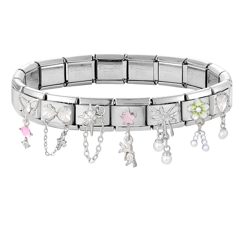 

Y2K Zircon Heart Butterfly Moon Star Bow Pearl Pendant Italian Charm Links Fit 9MM Stainless Steel Bracelet Girls' DIY Making