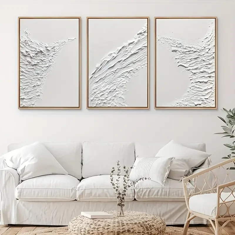 3pcs Minimalist Canvas Print Wall Art White Textured Effect Abstract Picture Artwork For Bedroom Living Room Modern Painting Hom