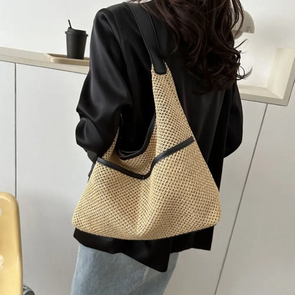 Bolsa de ombro de palha com bolso Bolsa tecida cáqui Bolsa de axilas estilo coreano, grande capacidade para compras, moda