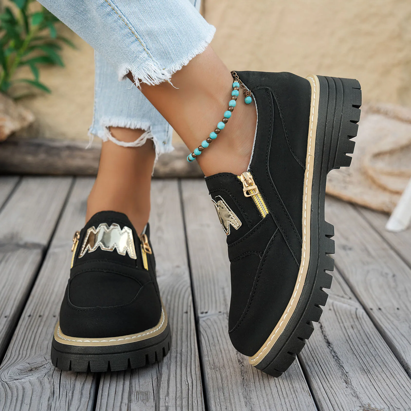 أحذية النساء الكعوب عادية سميكة سوليد أحذية جلدية بدون كعب للنساء المألوف وعادية انغلق زلة فستان كاجوال أحذية حجم 13